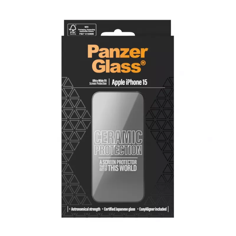 Proteção cerâmica PanzerGlass para iPhone 15 Ultra-Wide Fit resistente a riscos e choques