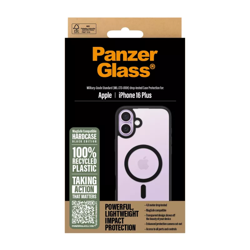 PanzerGlass ® HardCase transparente com MagSafe preto e moldura iPhone 16 Plus