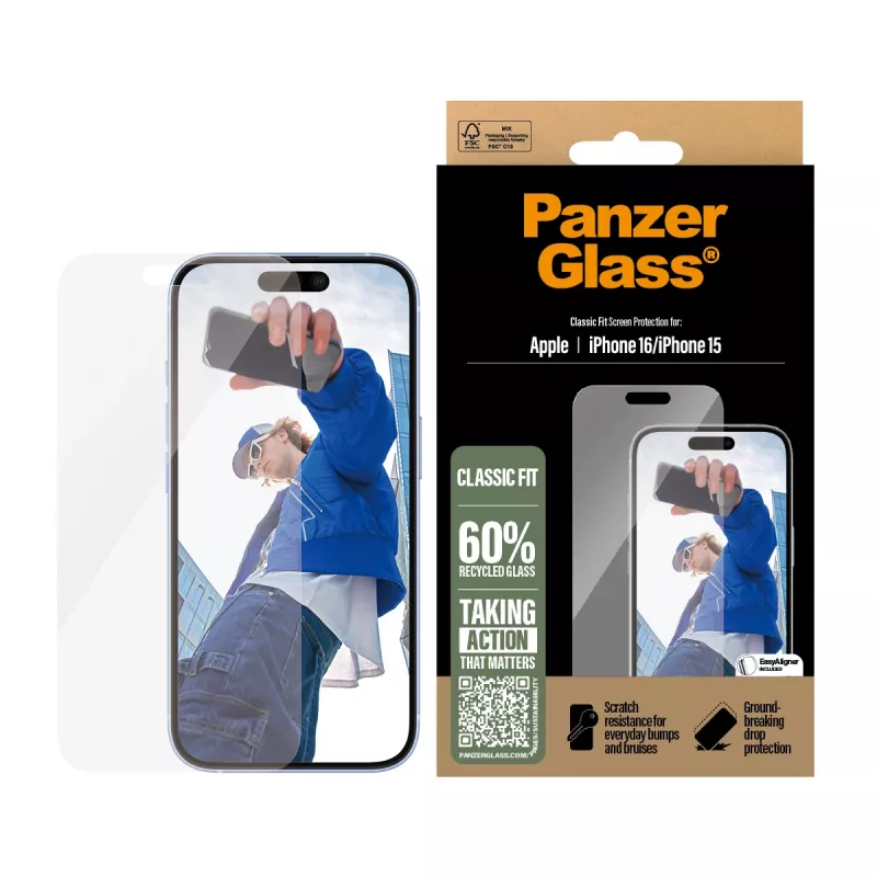 Proteção de ecrã PanzerGlass® iPhone 16 | 15 | Classic Fit