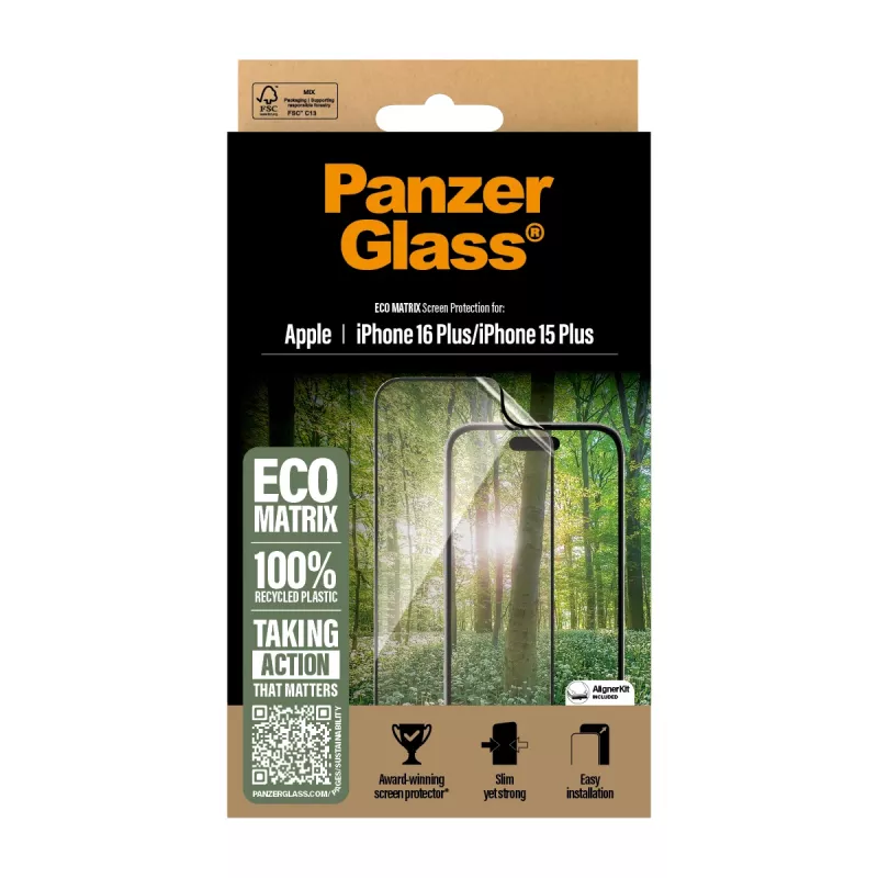 Proteção de ecrã PanzerGlass ® ECO MATRIX iPhone 16 Plus | 15 Plus | Ultra-Wide Fit