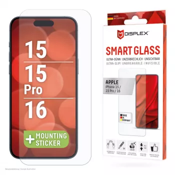 Displex Smart Glass (9H) para Apple iPhone 15/15 Pro/16, autocolante de montagem, inquebrável