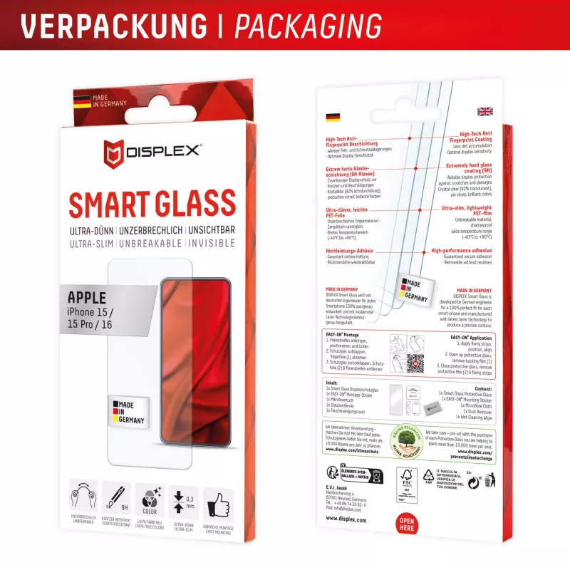 Displex Smart Glass (9H) para Apple iPhone 15/15 Pro/16, autocolante de montagem, inquebrável
