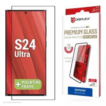 Película de proteção de ecrã Displex Premium Anti-Reflex (cobertura total antirreflexo, 10H) para Samsung Galaxy S24 Ultra, moldura de montagem Eco, cobertura total