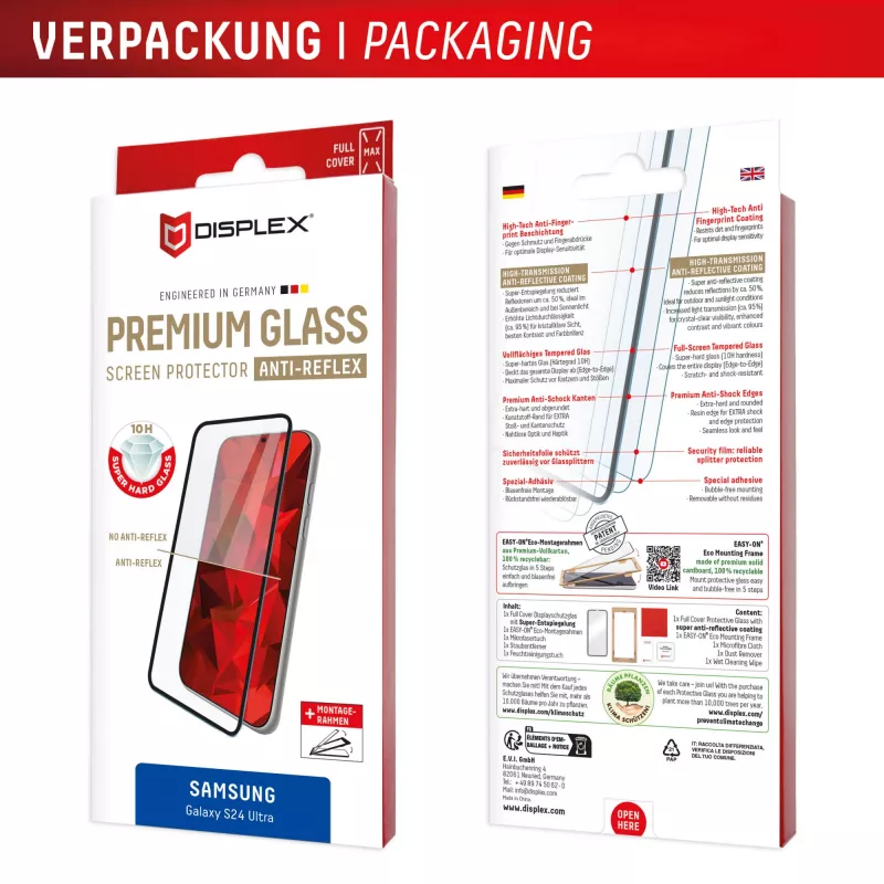 Película de proteção de ecrã Displex Premium Anti-Reflex (cobertura total antirreflexo, 10H) para Samsung Galaxy S24 Ultra, moldura de montagem Eco, cobertura total