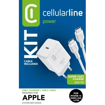 Kit de carregamento Cellularline USB-C CHARGER KIT USB-C 30W USB-C 30W – série iPhone 15