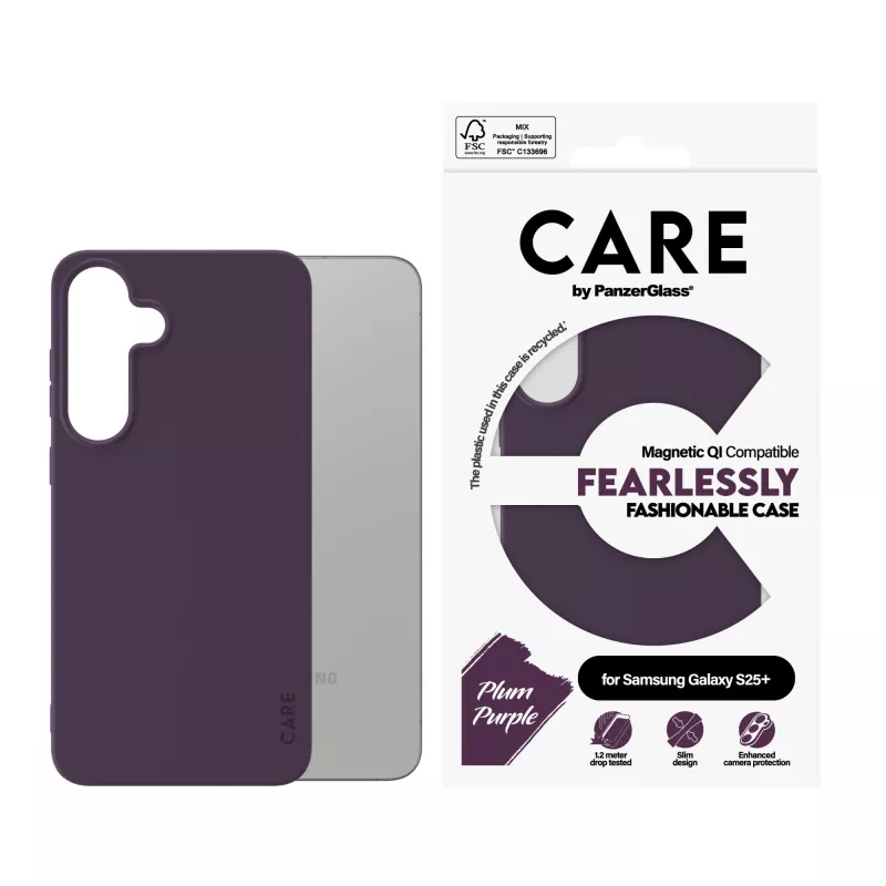 Capa PanzerGlass CARE™ by ® Case Plum roxa com compatibilidade Qi Samsung Galaxy S25+