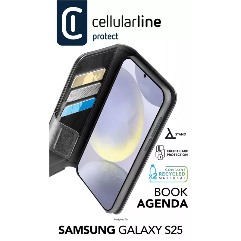 Cellularline Book Agenda 2 Case BOOKAG2GALS25K capa tipo livro para Samsung S25, preto