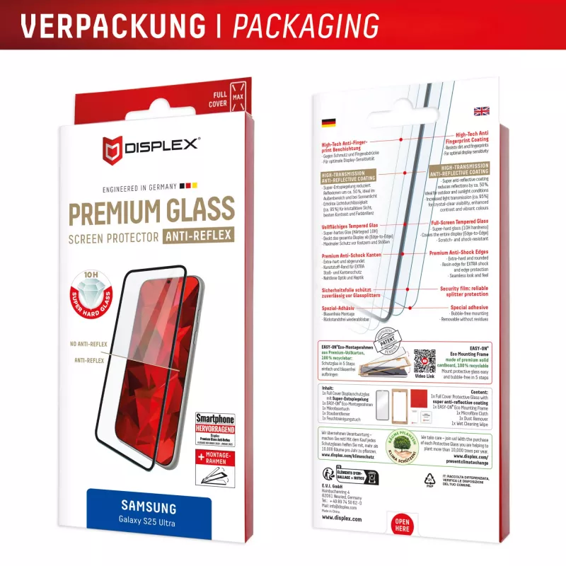 Película de proteção de ecrã Displex Premium (Full Cover, 10H) para Samsung Galaxy S25 Ultra, moldura de montagem Eco, Full Cover