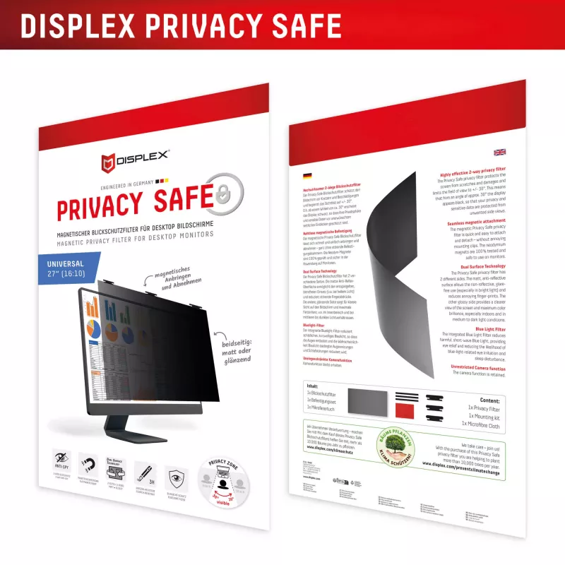 Displex PRIVACY SAFE filtro de privacidade bidirecional removível para monitor de secretária 27'' (16:10)