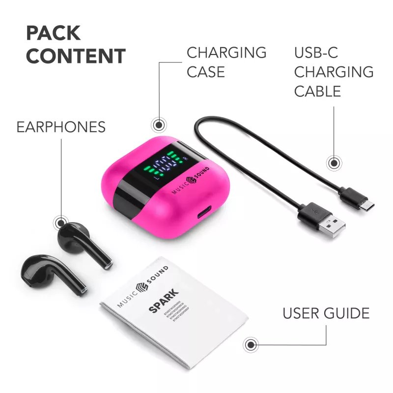 Music Sound SPARK auricolare TWS com ecrã LED, True Wireless Stereo (TWS), chamadas/música, 66 g, headset, rosa