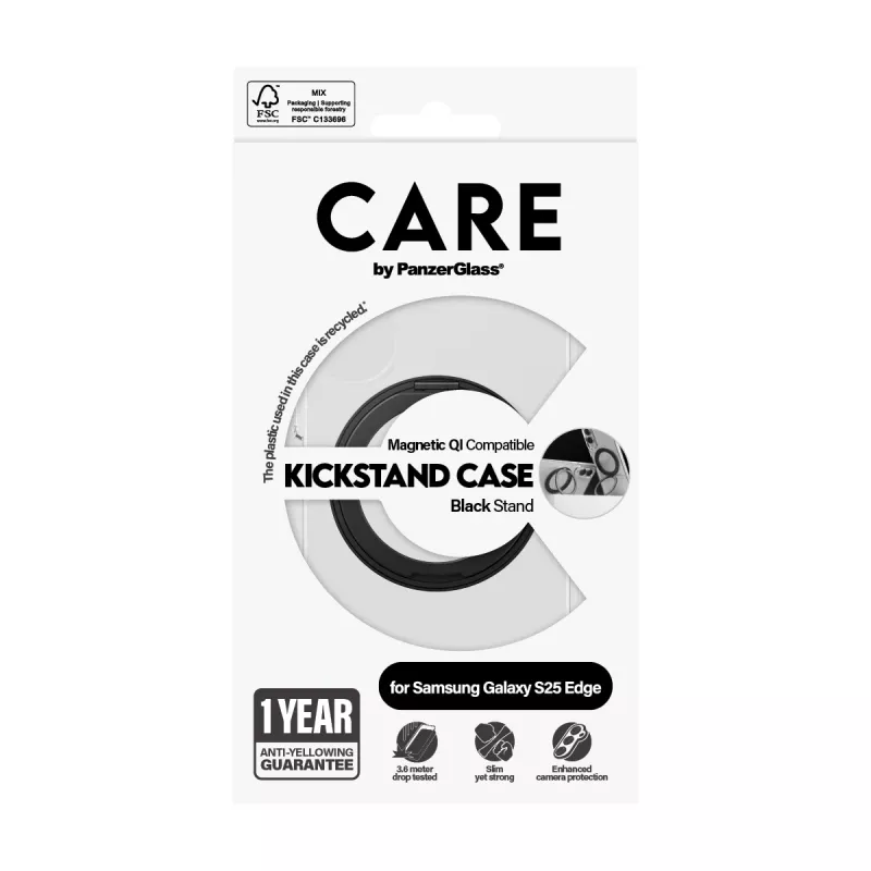Capa transparente PanzerGlass CARE com suporte preto e Qi Samsung Galaxy S25 Edge