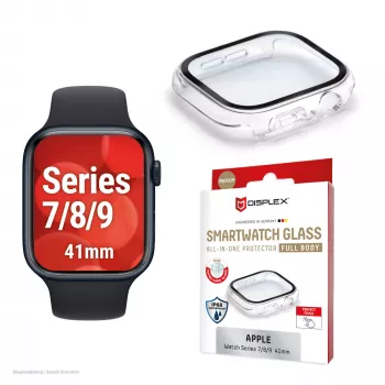 Vidro temperado Displex 10H para Apple Watch 9/8/7 (41mm), proteção total, IP68, Snap-On, transparente