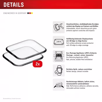 Película de proteção de ecrã Displex Unbreakable Full Cover Smart Glass para Apple Watch 45mm (Series 9/8/7), pack de 2, ultradelgada sem moldura