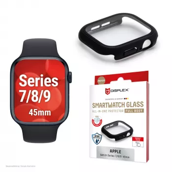 Vidro temperado Displex 10H para Apple Watch 9/8/7 (45 mm), capa de corpo inteiro, IP68, Snap-On, preto mate