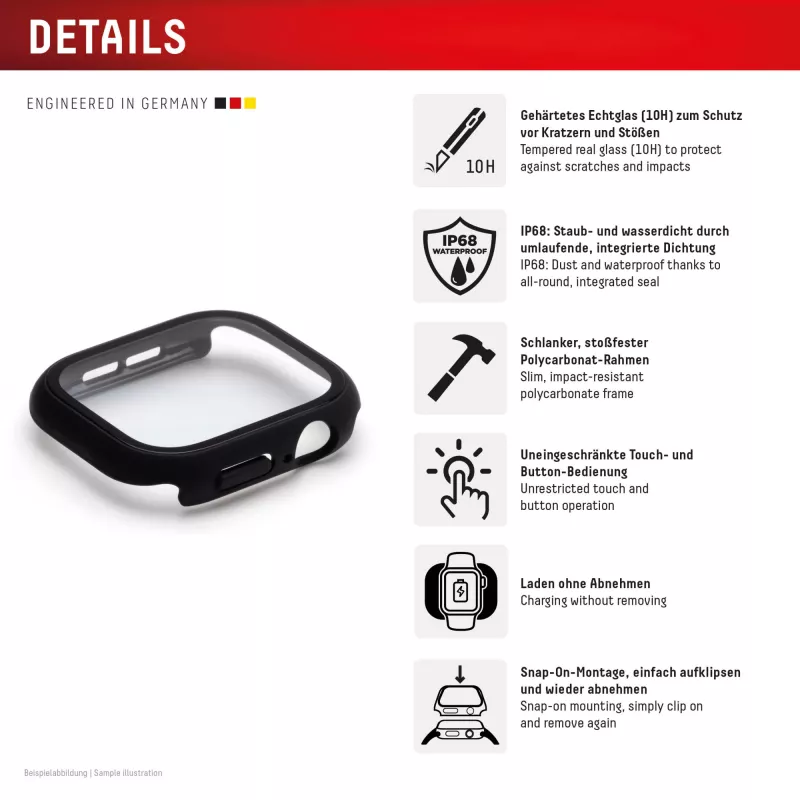 Vidro temperado Displex 10H para Apple Watch 9/8/7 (45 mm), capa de corpo inteiro, IP68, Snap-On, preto mate