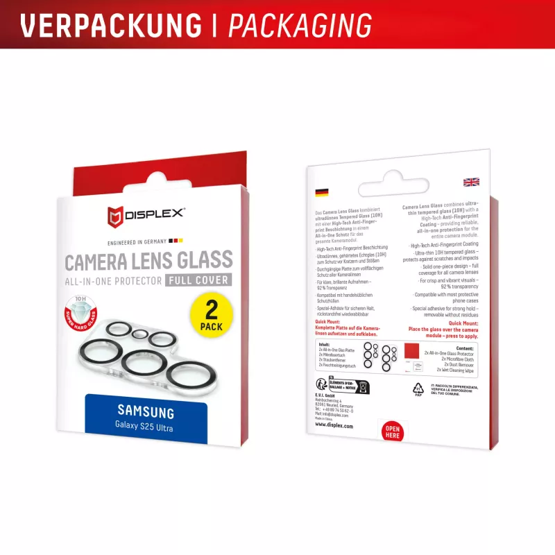 Vidro para lentes da câmara Displex Full Cover Samsung Galaxy S25 Ultra, 10H, proteção total da câmara, montagem rápida, pack de 2