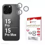 Vidro de câmara premium Displex, iPhone 15 Pro/15 Pro Max, 10H, anéis individuais, DLC, transparente, montagem rápida