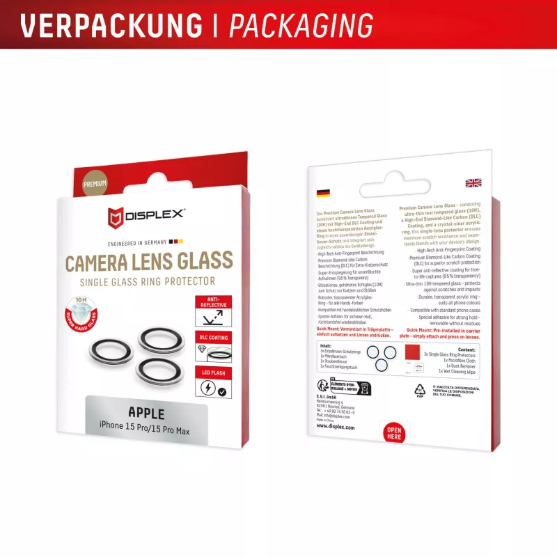Vidro de câmara premium Displex, iPhone 15 Pro/15 Pro Max, 10H, anéis individuais, DLC, transparente, montagem rápida