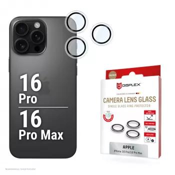 Vidro de lente de câmara premium Displex, iPhone 16 Pro/16 Pro Max, 10H, anéis individuais, DLC, transparente, montagem rápida