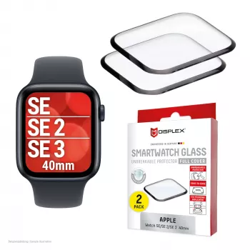 Vidro de proteção de cobertura total inquebrável Displex Apple Watch SE3/SE2/SE (40mm), pack de 2, ultrafino, sem moldura, Eco Mount