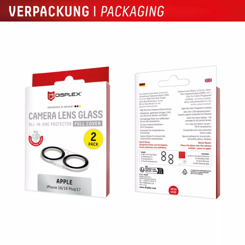 Vidro para lentes da câmara Displex Full Cover iPhone 16/16 Plus/17, 10H, proteção total da câmara, montagem rápida, pack de 2