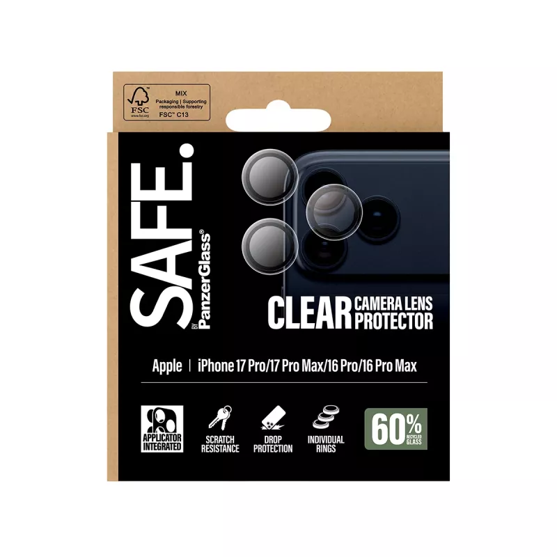 PanzerGlass SAFE. by ® Proteção de objetiva de câmara Transparente iPhone 17 Pro | iPhone 17 Pro Max | iPhone 16 Pro | 16 Pro Max