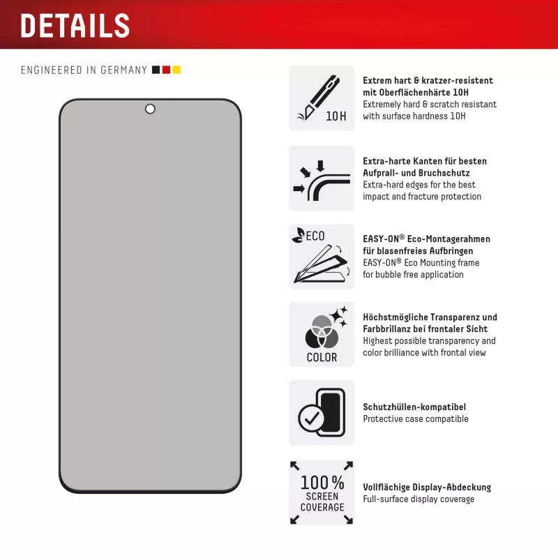 Película de proteção de ecrã com filtro de privacidade Displex (10H) para Samsung Galaxy S25 FE/S24 FE, moldura de montagem Eco, filtro de privacidade
