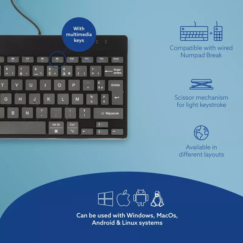 Teclado ergonómico R-Go Tools R-Go Compact Break, teclado compacto com software de pausas, AZERTY (FR), com fios, preto