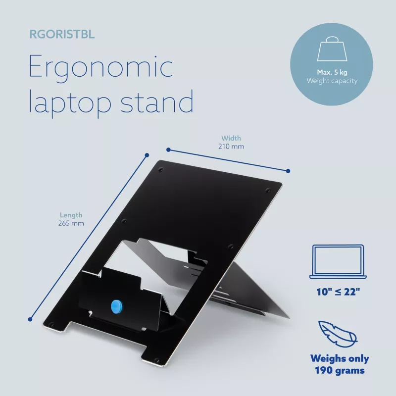 Suporte para portátil R-Go Tools R-Go Riser Flexible, suporte para portátil ajustável e dobrável, ergonómico, alumínio Hylite, preto