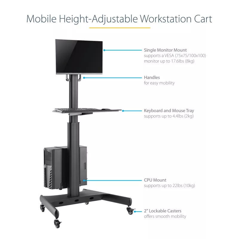 StarTech.com Carrinho Móvel para Workstation com Suporte para Monitor, Suporte para CPU/PC, Bandeja para Teclado – Carrinho Ergonómico de Altura Ajustável para Computador de Secretária – Estação de Trabalho Móvel com Rodas