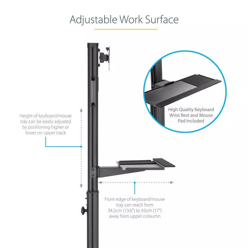 StarTech.com Carrinho Móvel para Workstation com Suporte para Monitor, Suporte para CPU/PC, Bandeja para Teclado – Carrinho Ergonómico de Altura Ajustável para Computador de Secretária – Estação de Trabalho Móvel com Rodas