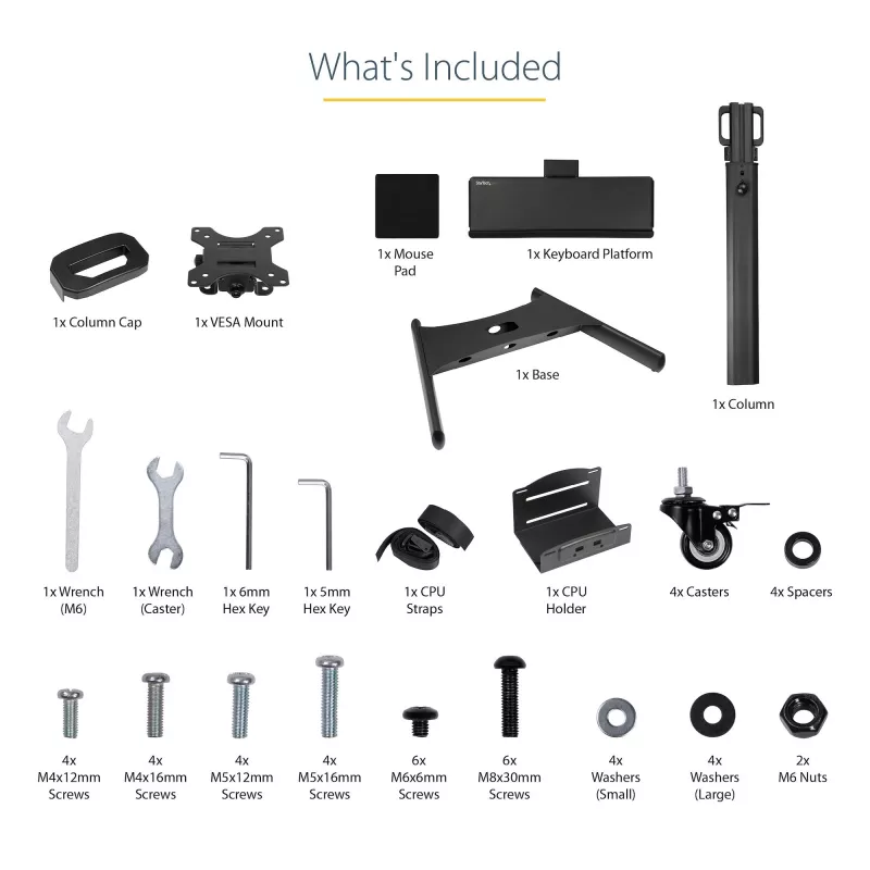 StarTech.com Carrinho Móvel para Workstation com Suporte para Monitor, Suporte para CPU/PC, Bandeja para Teclado – Carrinho Ergonómico de Altura Ajustável para Computador de Secretária – Estação de Trabalho Móvel com Rodas
