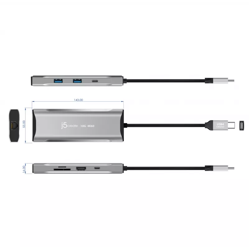 j5create JCD393 4K60 Elite USB-C® 10Gbps Mini Dock, Cinzento Espacial