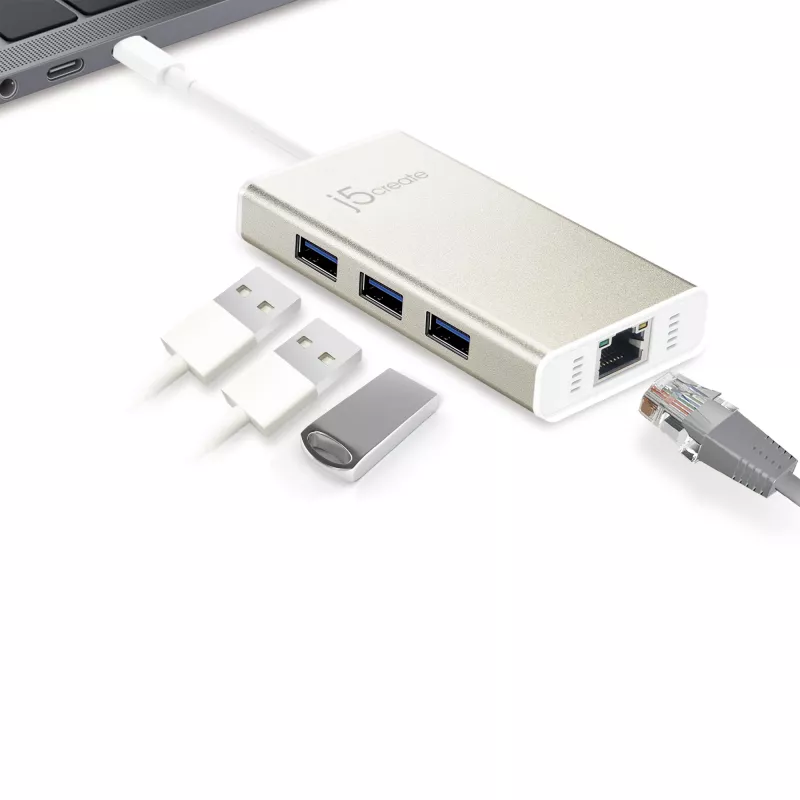 Adaptador múltiplo USB-C™ Gigabit Ethernet e hub j5create JCH471, Metallic Champagne