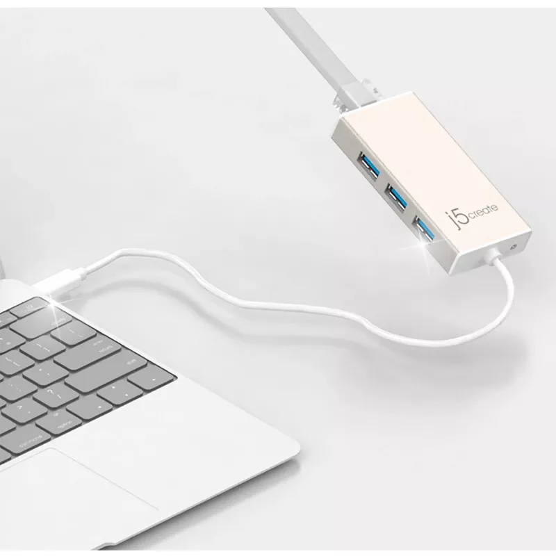 Adaptador múltiplo USB-C™ Gigabit Ethernet e hub j5create JCH471, Metallic Champagne