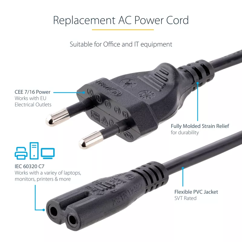 Cabo de alimentação para portátil StarTech.com 3 m (10 ft), ficha EU para C7, 2,5 A 250 V, 18 AWG, cabo de substituição para portátil, cabo de alimentação para impressora, cabo de carregamento para portátil, cabo de fonte de alimentação para portátil, preto