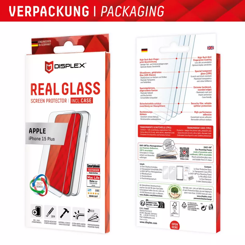 Película de proteção de ecrã + capa Displex para Apple iPhone 15 Plus, moldura de montagem Eco, resistente a riscos