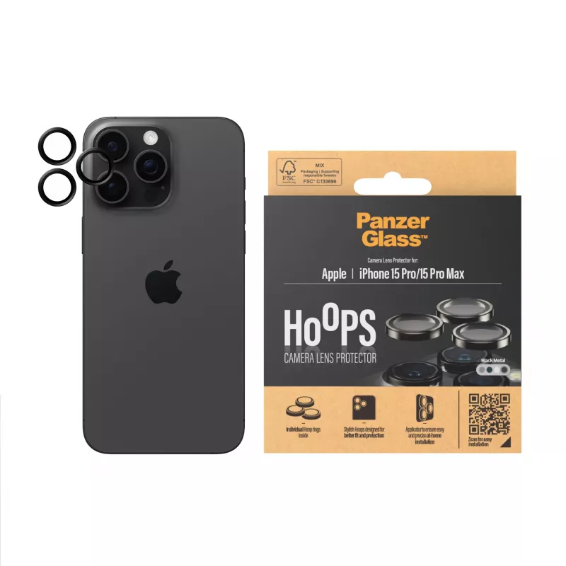 Proteção de lente de câmara PanzerGlass® Hoops® Metal preta iPhone 15 Pro | 15 Pro Max