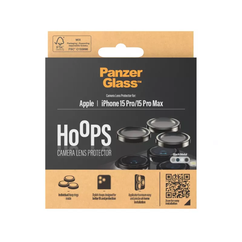 Proteção de lente de câmara PanzerGlass® Hoops® Metal preta iPhone 15 Pro | 15 Pro Max