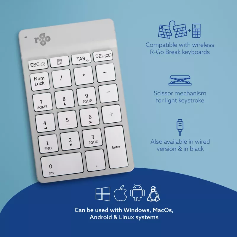Teclado numérico R-Go Tools R-Go Numpad Break, teclado numérico ergonómico com software Break, Bluetooth, branco