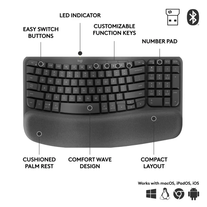 Logitech Wave Keys for Business Teclado ergonómico full-size sem fios