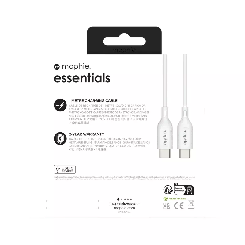 Cabo de carregamento mophie essentials | 1 m cabo USB USB 2.0 USB-C branco