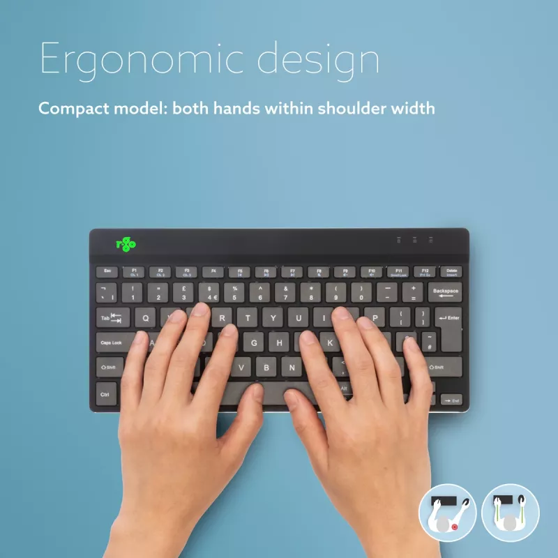 Teclado ergonómico R-Go Tools R-Go Compact Break, teclado compacto com software de pausas, QWERTZ (DE), Bluetooth, preto
