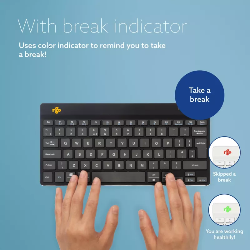 Teclado ergonómico R-Go Tools R-Go Compact Break, teclado compacto com software de pausas, QWERTZ (DE), Bluetooth, preto