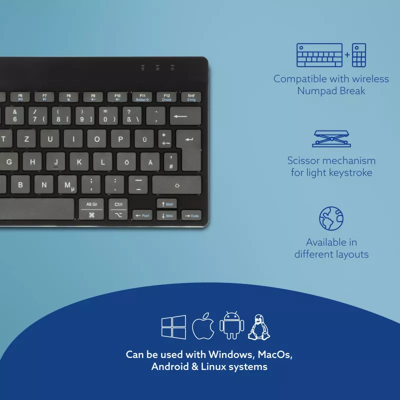 Teclado ergonómico R-Go Tools R-Go Compact Break, teclado compacto com software de pausas, QWERTZ (DE), Bluetooth, preto