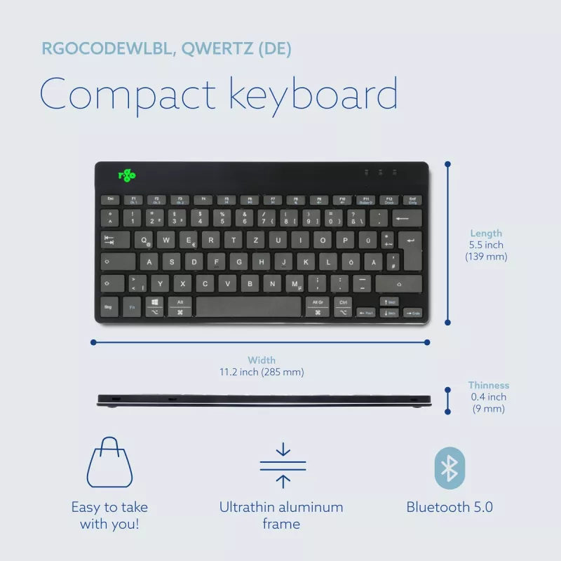 Teclado ergonómico R-Go Tools R-Go Compact Break, teclado compacto com software de pausas, QWERTZ (DE), Bluetooth, preto