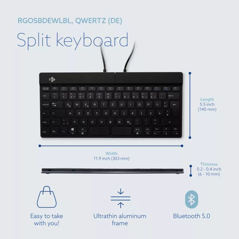 Teclado ergonómico R-Go Tools R-Go Split Break com software Break, teclado ergonómico dividido, QWERTZ (DE), Bluetooth, preto