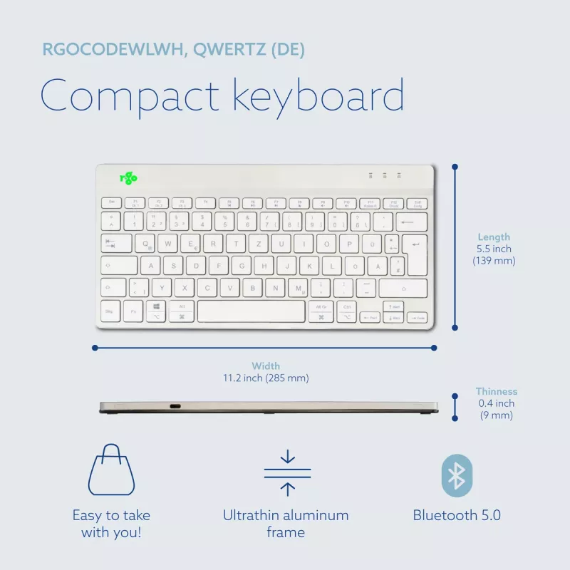 Teclado ergonómico R-Go Tools R-Go Compact Break, teclado compacto com software de pausas, QWERTZ (DE), Bluetooth, branco