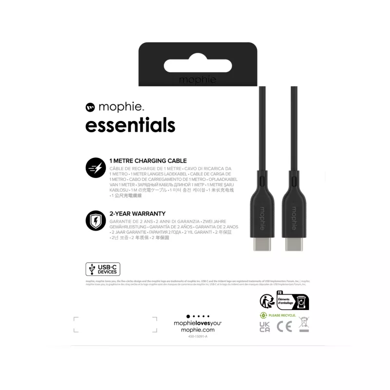 Cabo de carregamento USB-C para USB-C 1 m — Zagg International mophie essentials, USB 2.0, preto