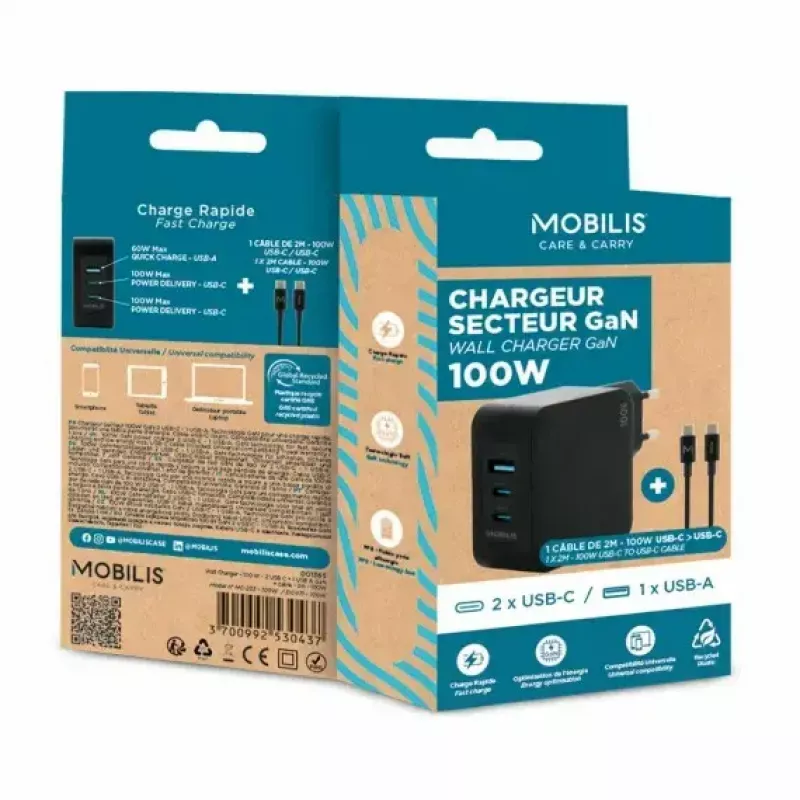 Carregador Ravanson Mobilis 100W GaN 2×USB‑C + 1×USB‑A AC para interior — para portátil, smartphone, tablet — preto